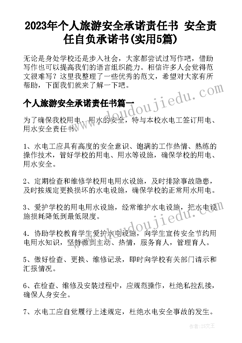 2023年个人旅游安全承诺责任书 安全责任自负承诺书(实用5篇)