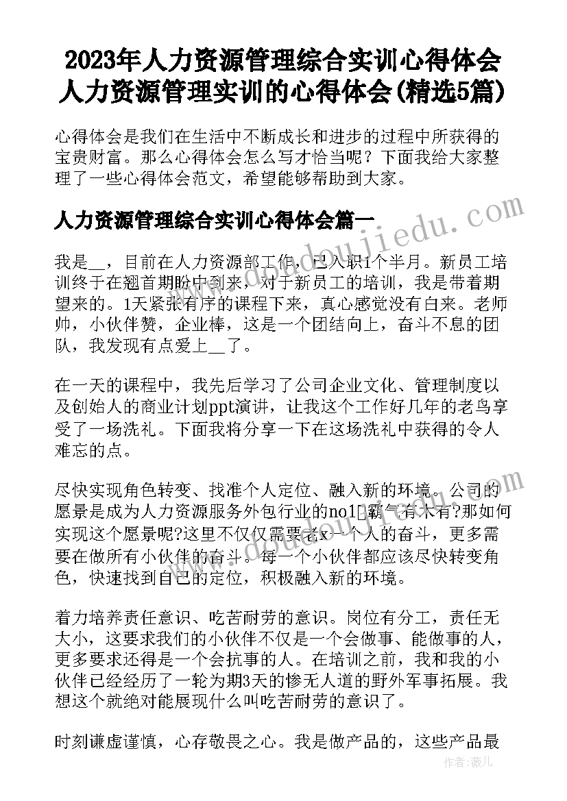 2023年人力资源管理综合实训心得体会 人力资源管理实训的心得体会(精选5篇)