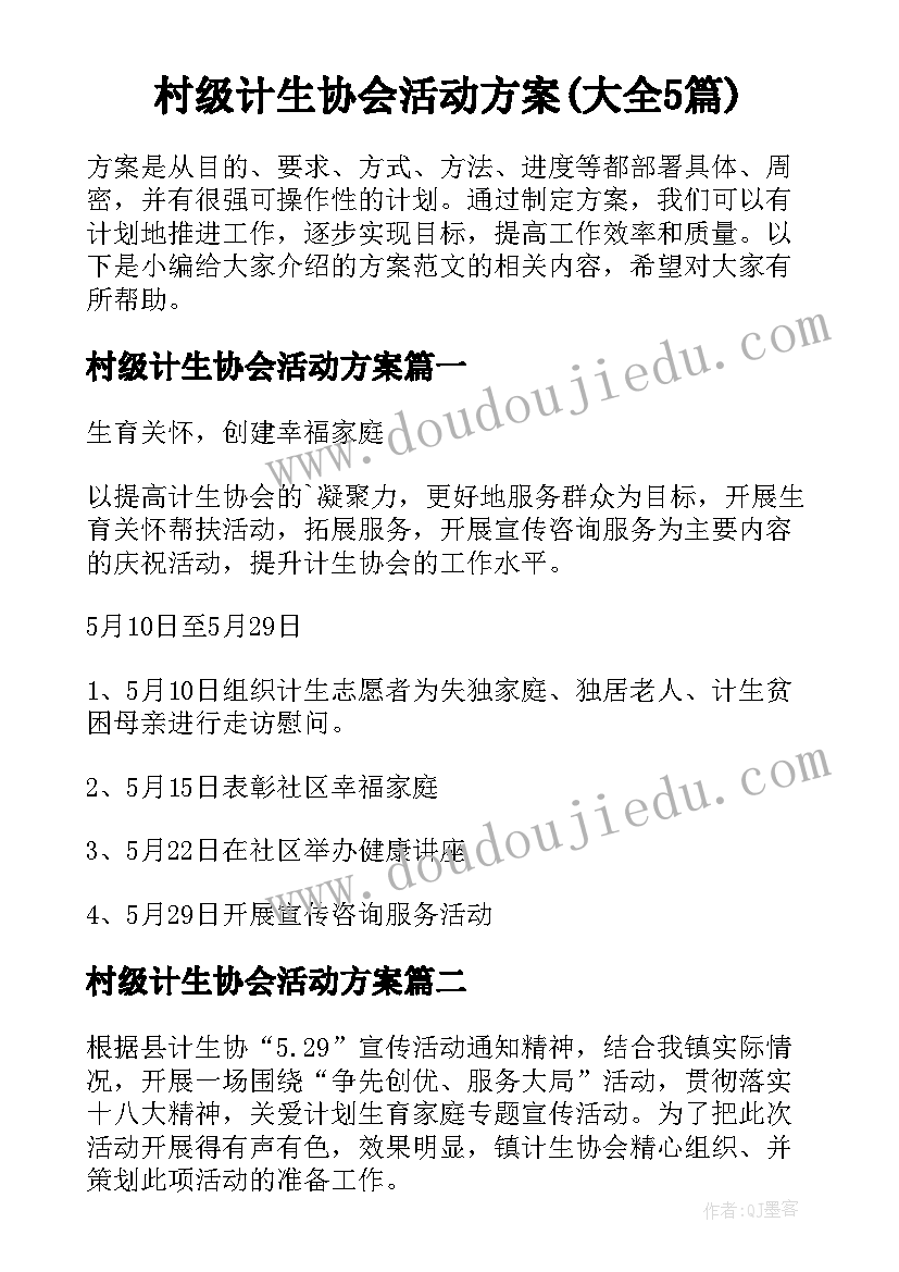 村级计生协会活动方案(大全5篇)