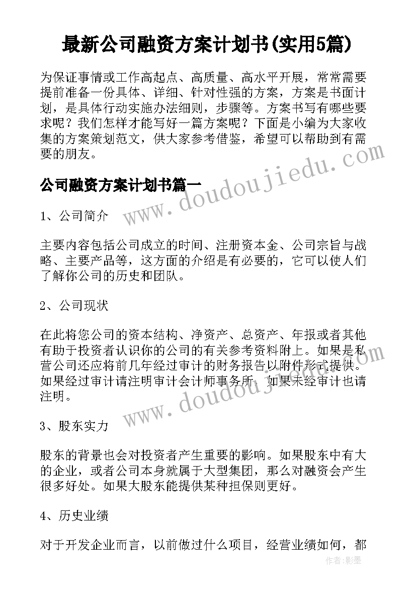 最新公司融资方案计划书(实用5篇)