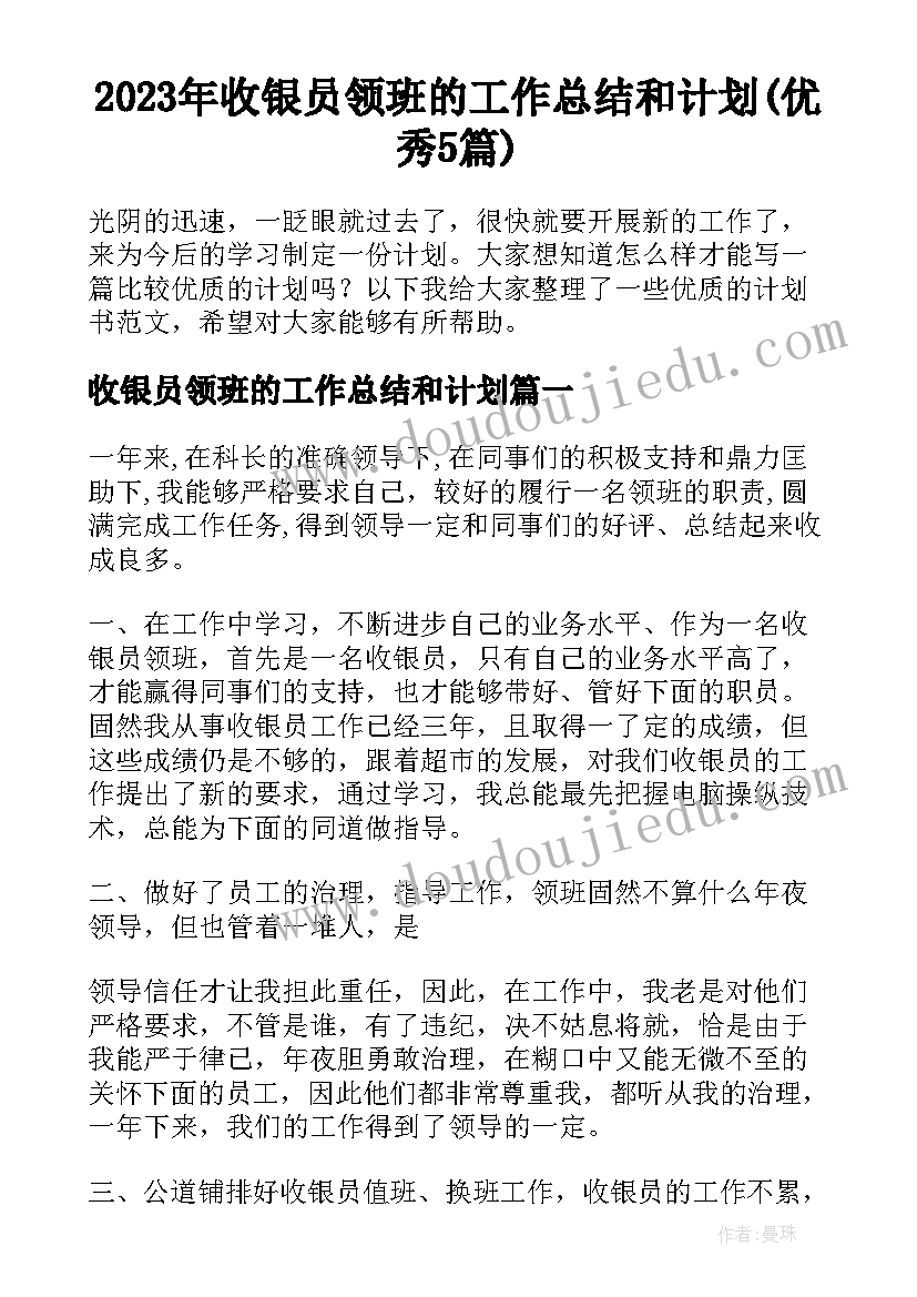 2023年收银员领班的工作总结和计划(优秀5篇)