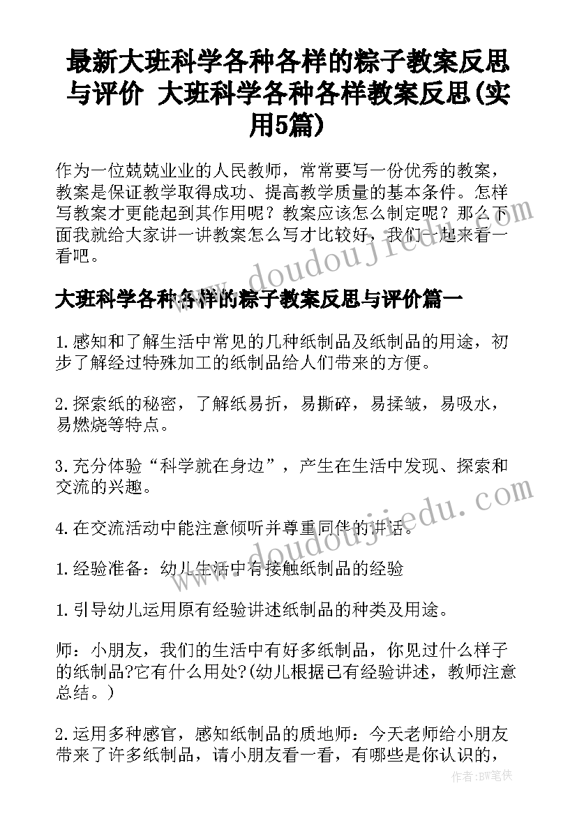 最新大班科学各种各样的粽子教案反思与评价 大班科学各种各样教案反思(实用5篇)