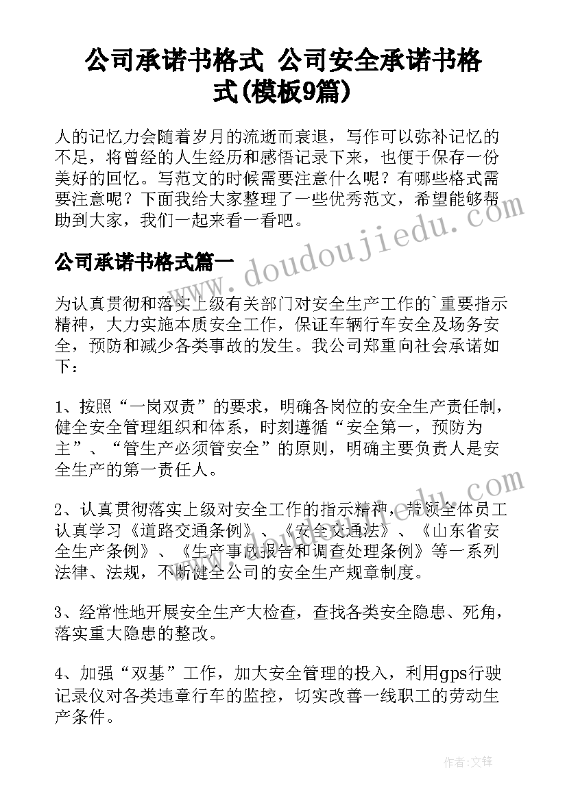 公司承诺书格式 公司安全承诺书格式(模板9篇)