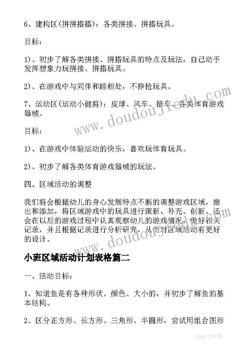 最新小班区域活动计划表格 小班区域活动计划表(优质5篇)