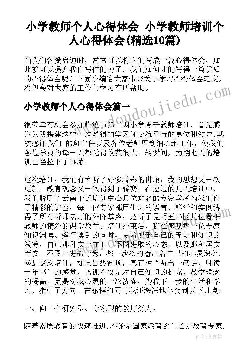 小学教师个人心得体会 小学教师培训个人心得体会(精选10篇)