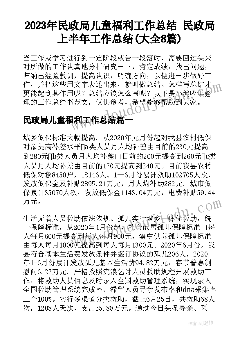 2023年民政局儿童福利工作总结 民政局上半年工作总结(大全8篇)