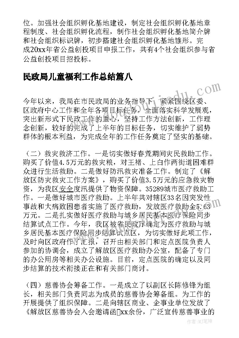 2023年民政局儿童福利工作总结 民政局上半年工作总结(大全8篇)