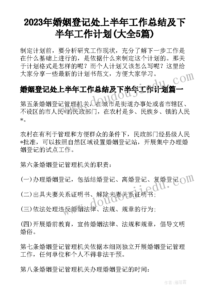 2023年婚姻登记处上半年工作总结及下半年工作计划(大全5篇)