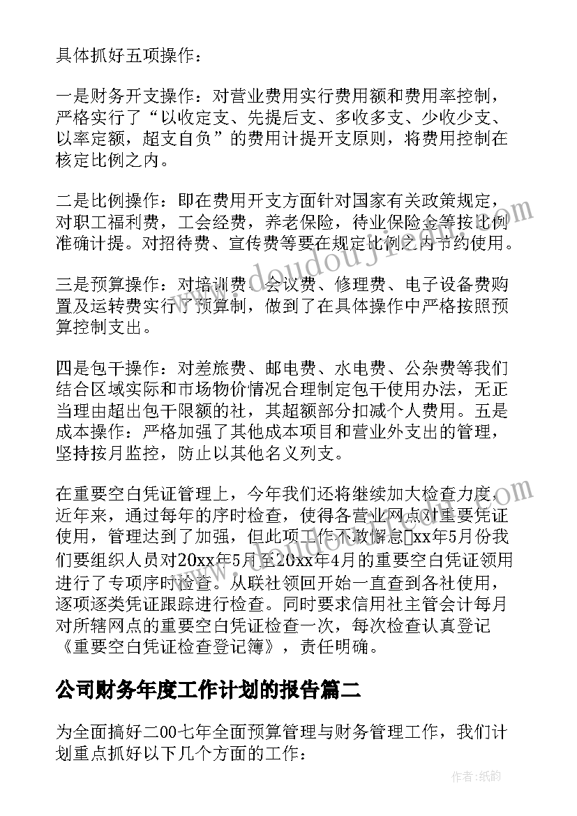 公司财务年度工作计划的报告(通用8篇)