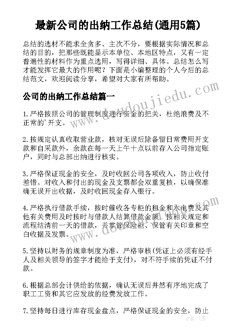 最新公司的出纳工作总结(通用5篇)