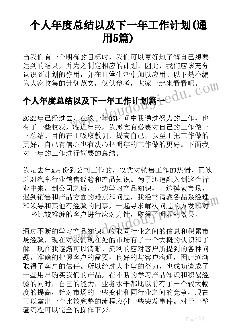 个人年度总结以及下一年工作计划(通用5篇)