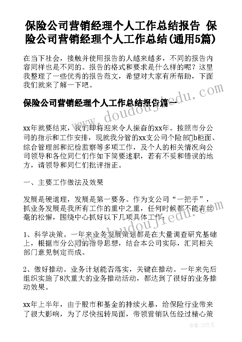 保险公司营销经理个人工作总结报告 保险公司营销经理个人工作总结(通用5篇)