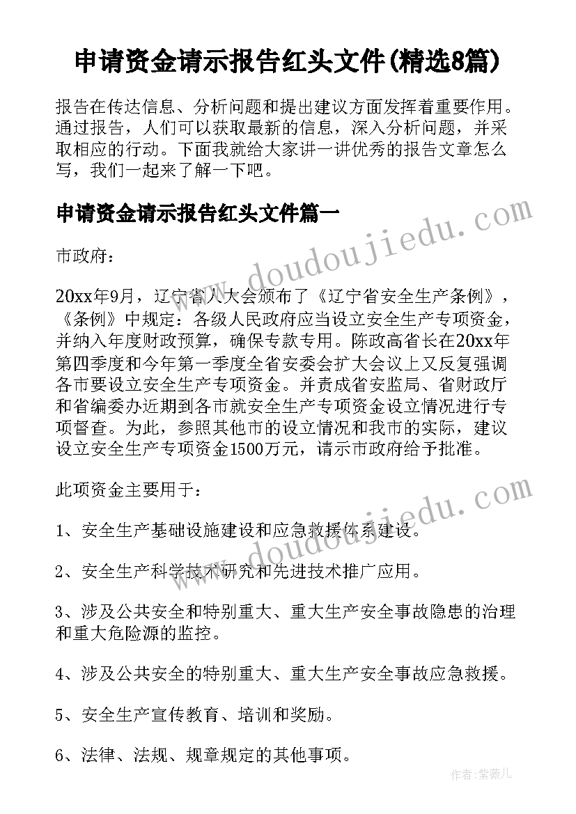 申请资金请示报告红头文件(精选8篇)