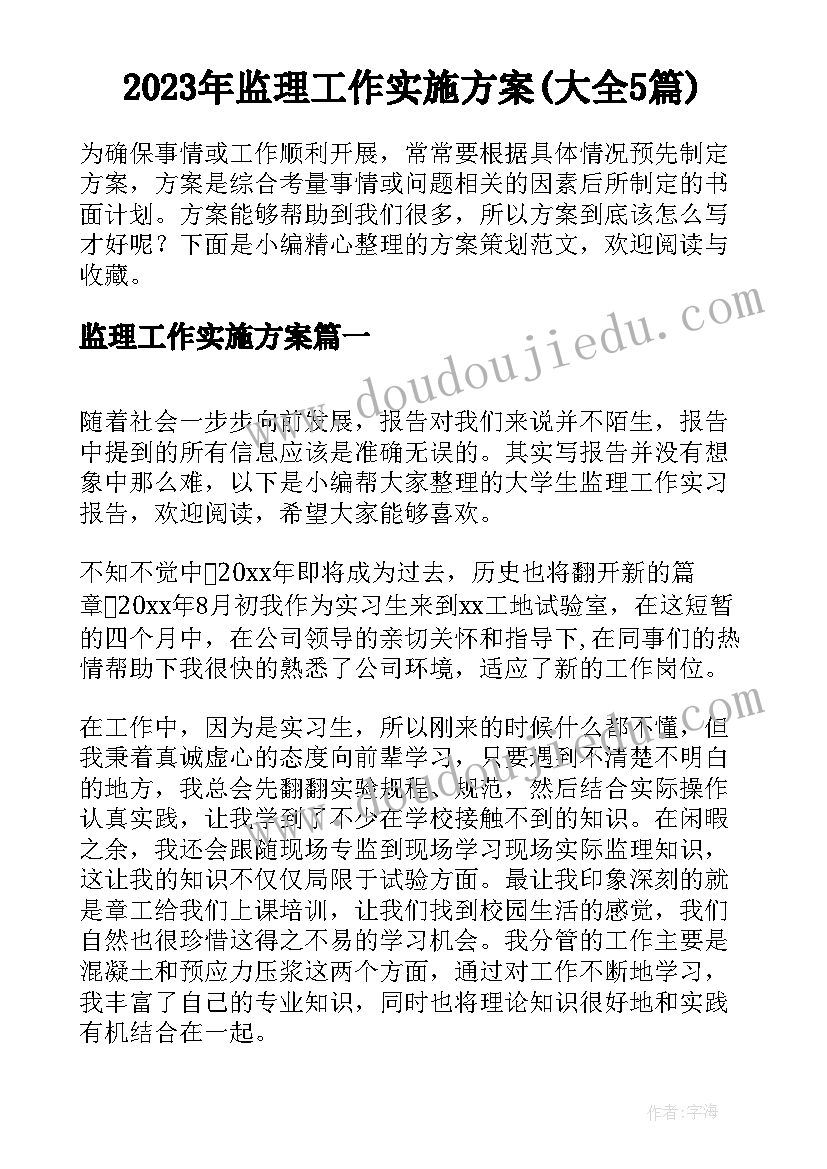 2023年监理工作实施方案(大全5篇)