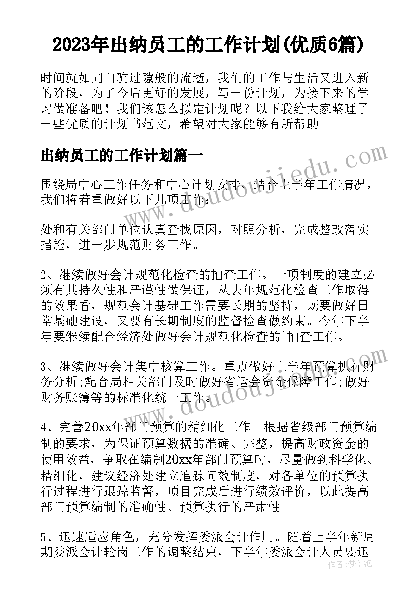 2023年出纳员工的工作计划(优质6篇)