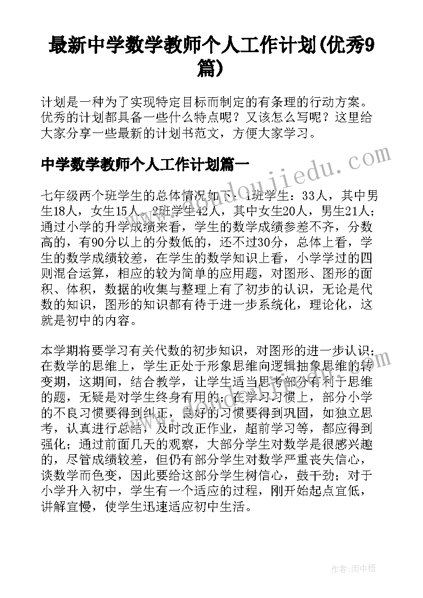 最新中学数学教师个人工作计划(优秀9篇)