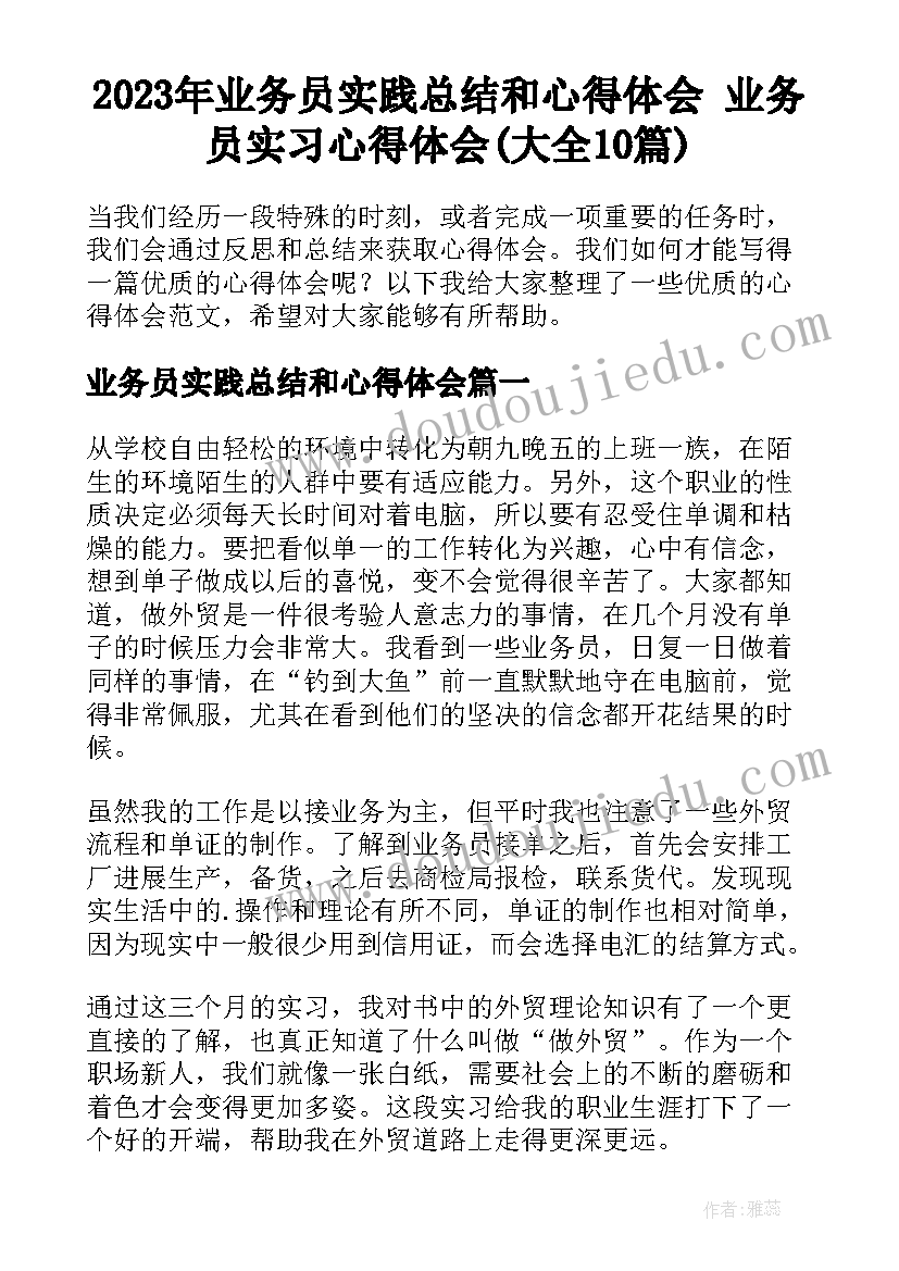 2023年业务员实践总结和心得体会 业务员实习心得体会(大全10篇)