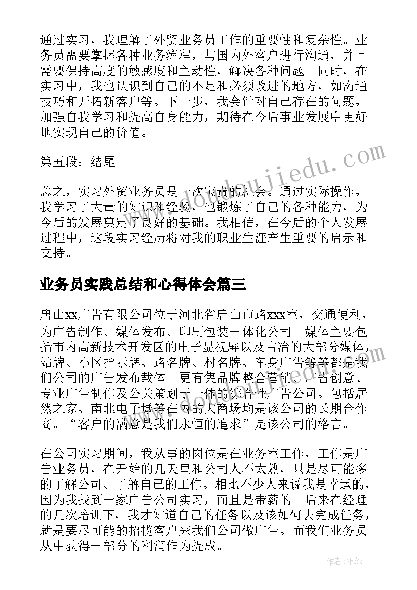 2023年业务员实践总结和心得体会 业务员实习心得体会(大全10篇)