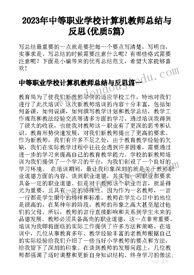 2023年中等职业学校计算机教师总结与反思(优质5篇)