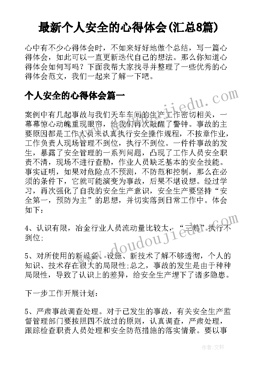 最新个人安全的心得体会(汇总8篇)