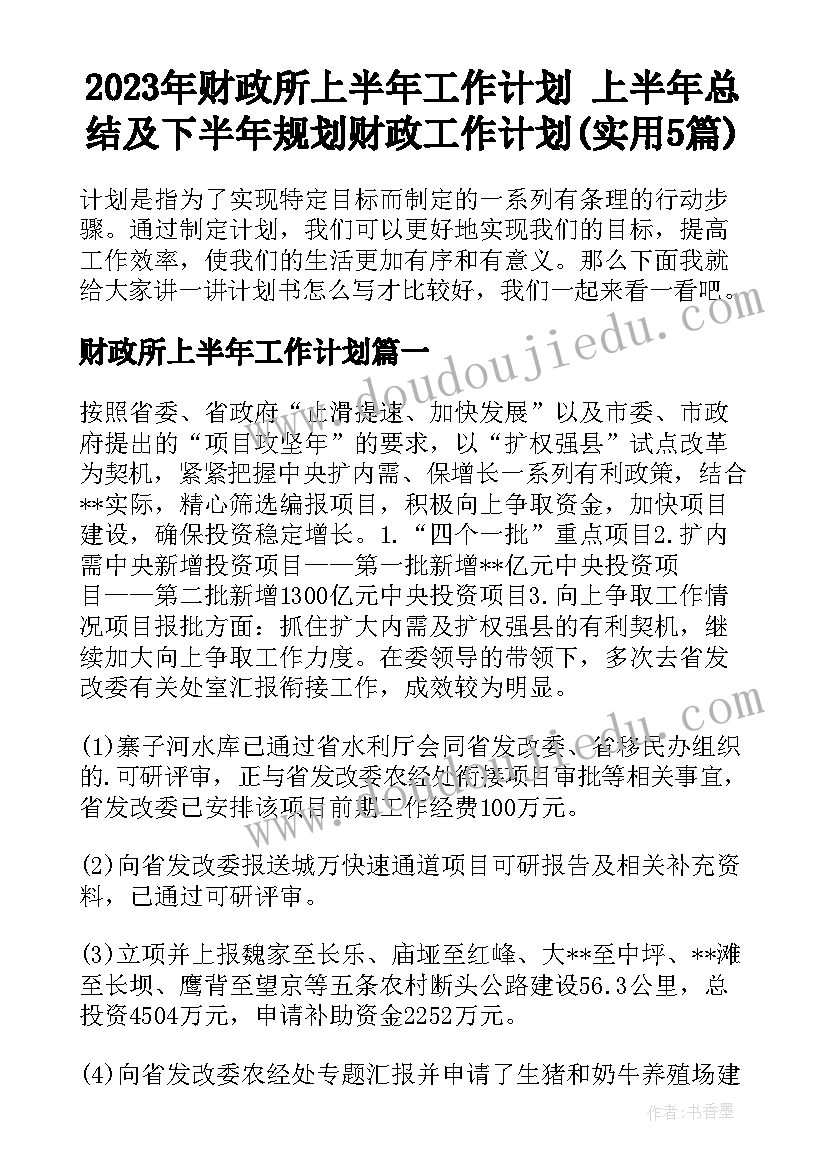 2023年财政所上半年工作计划 上半年总结及下半年规划财政工作计划(实用5篇)