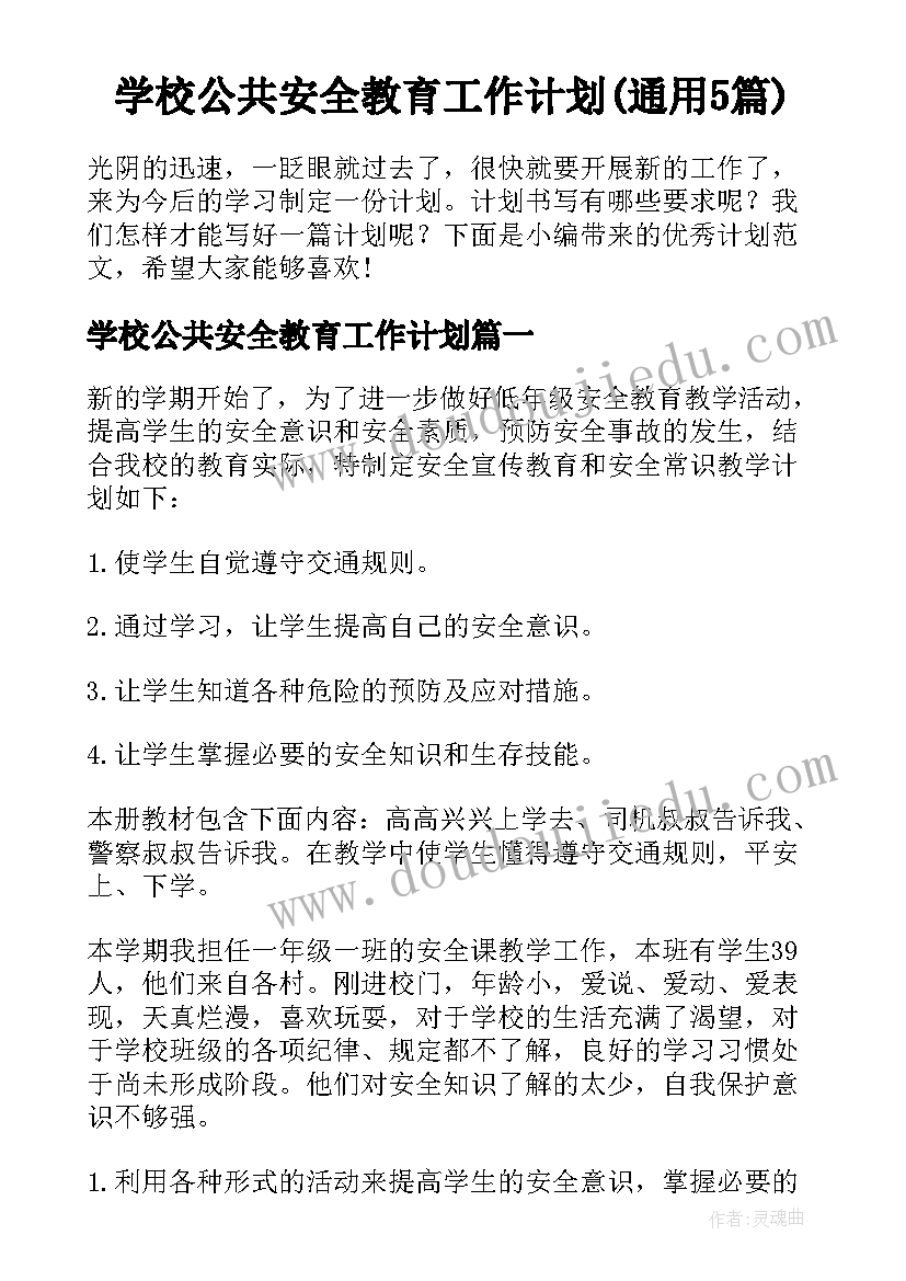 学校公共安全教育工作计划(通用5篇)