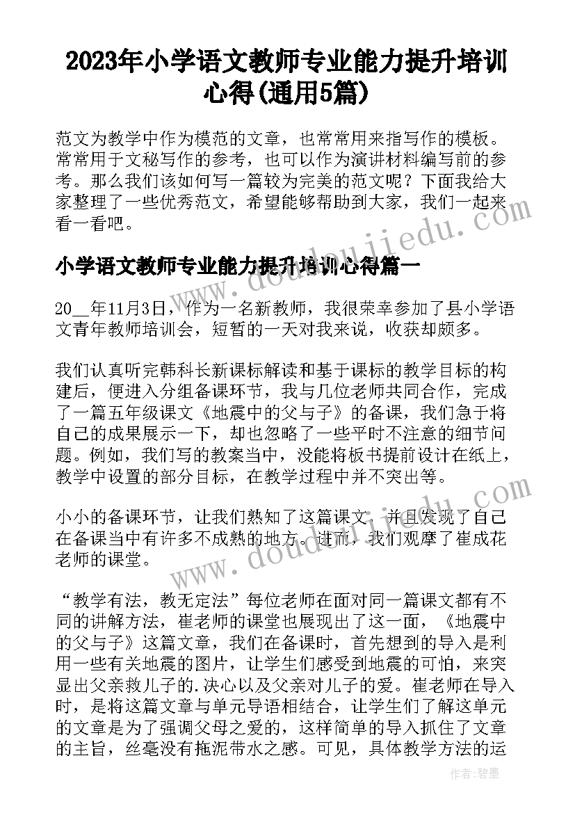 2023年小学语文教师专业能力提升培训心得(通用5篇)