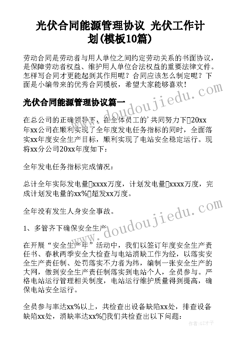 光伏合同能源管理协议 光伏工作计划(模板10篇)