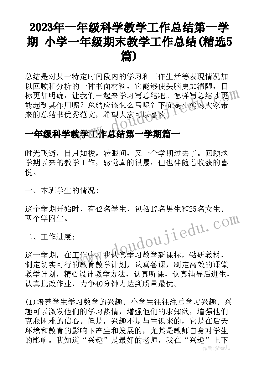 2023年一年级科学教学工作总结第一学期 小学一年级期末教学工作总结(精选5篇)