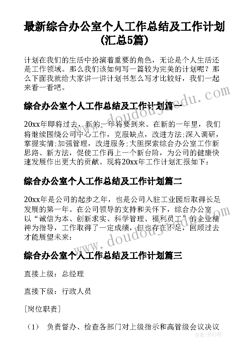 最新综合办公室个人工作总结及工作计划(汇总5篇)