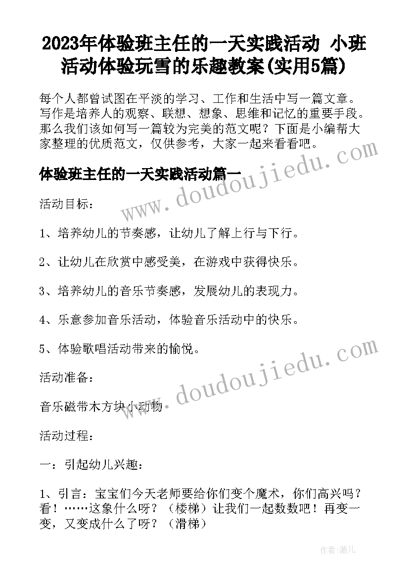 2023年体验班主任的一天实践活动 小班活动体验玩雪的乐趣教案(实用5篇)