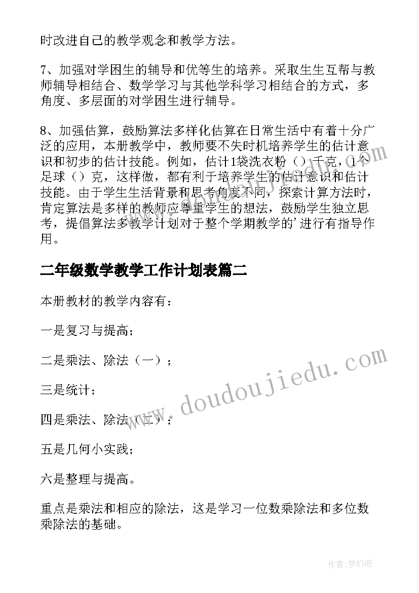 最新二年级数学教学工作计划表 小学二年级数学教学工作计划(实用10篇)