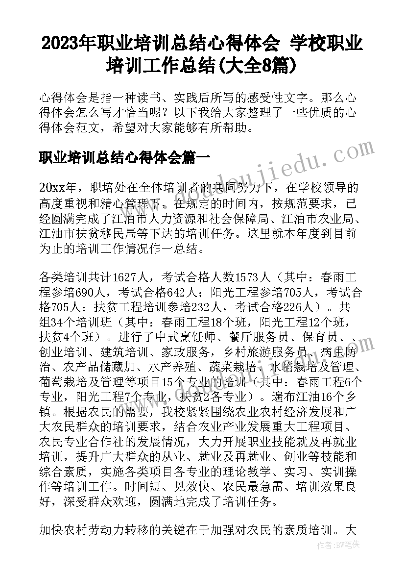 2023年职业培训总结心得体会 学校职业培训工作总结(大全8篇)