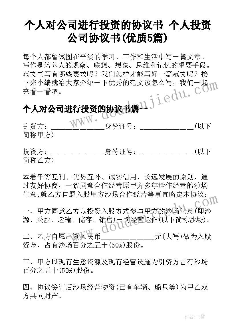 个人对公司进行投资的协议书 个人投资公司协议书(优质5篇)