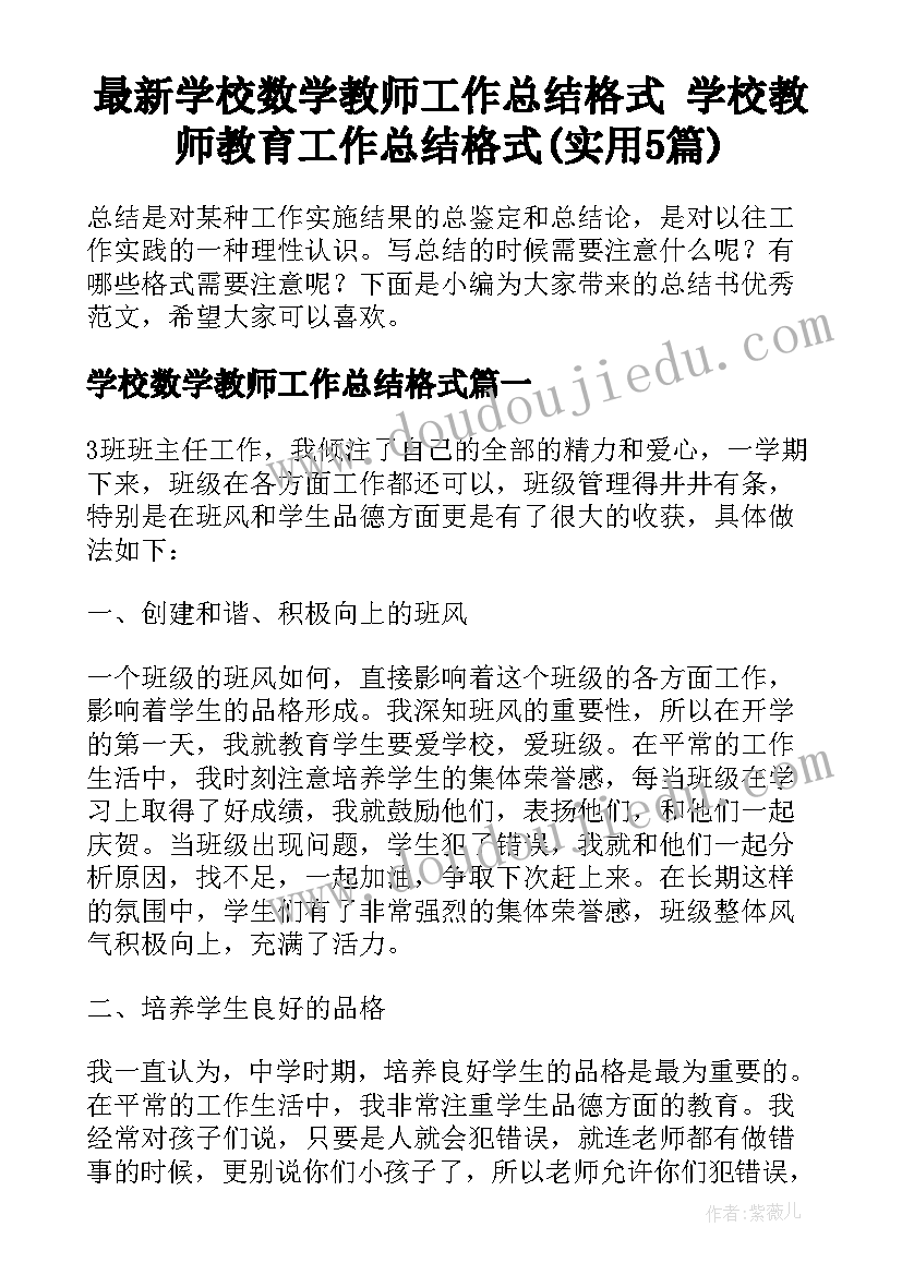 最新学校数学教师工作总结格式 学校教师教育工作总结格式(实用5篇)