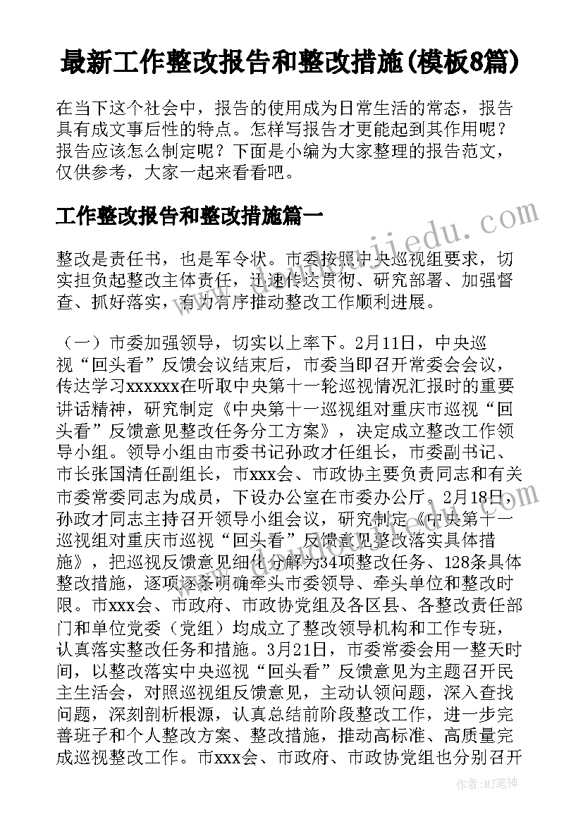 最新工作整改报告和整改措施(模板8篇)