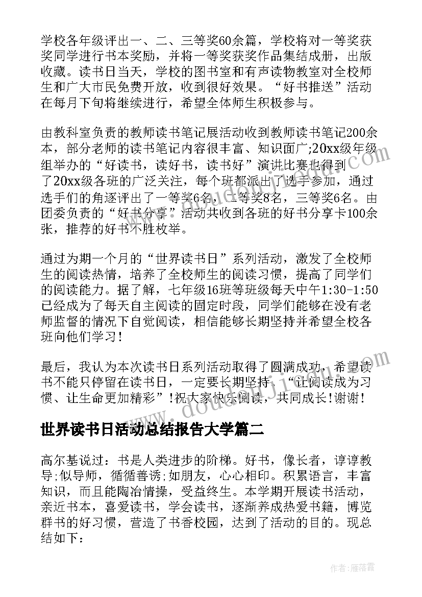 世界读书日活动总结报告大学(优秀5篇)