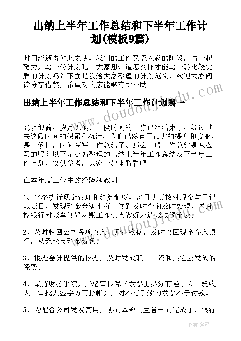 出纳上半年工作总结和下半年工作计划(模板9篇)