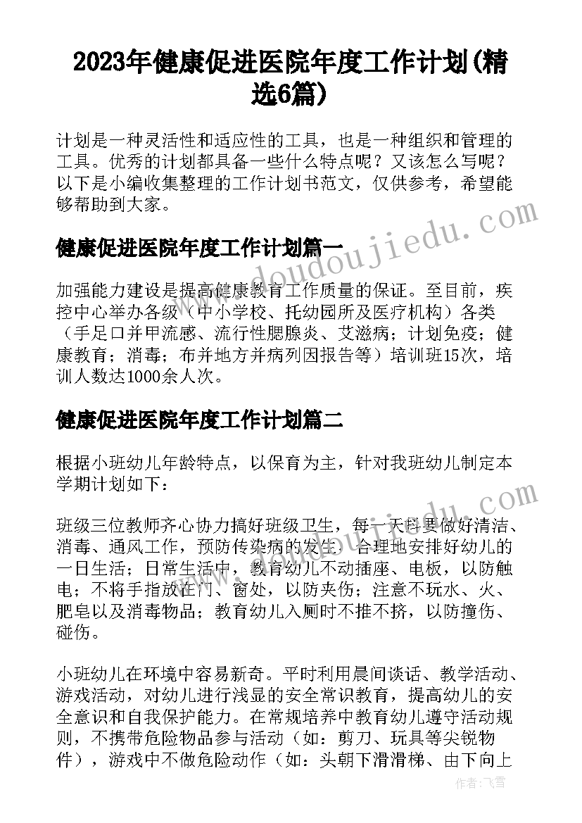 2023年健康促进医院年度工作计划(精选6篇)