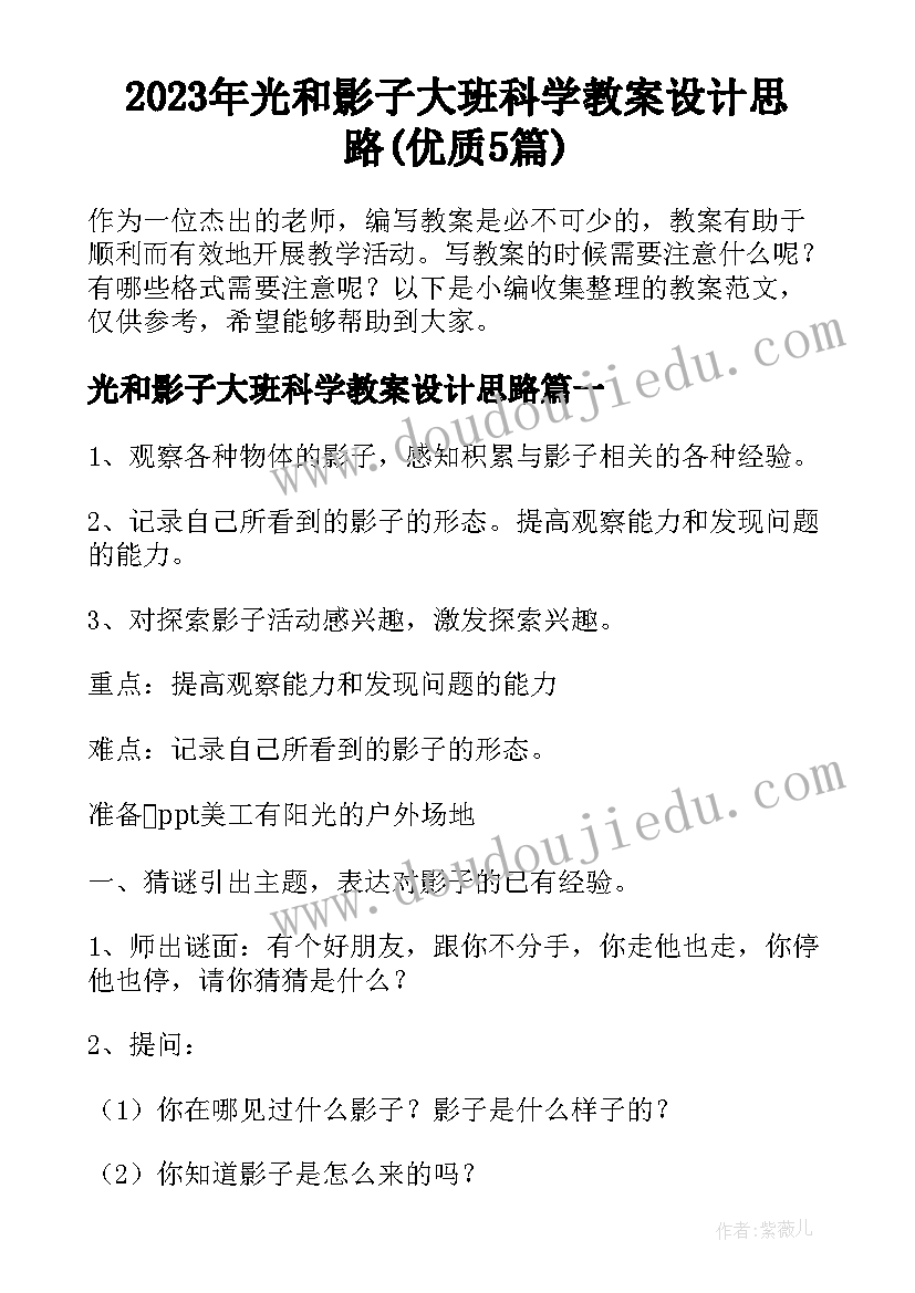 2023年光和影子大班科学教案设计思路(优质5篇)