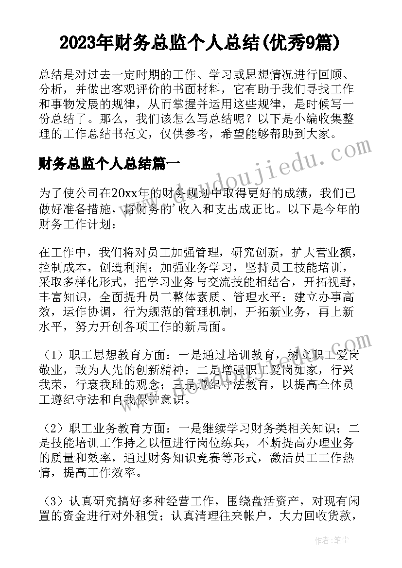 2023年财务总监个人总结(优秀9篇)