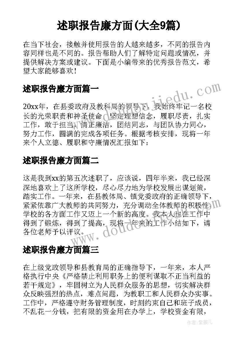 述职报告廉方面(大全9篇)