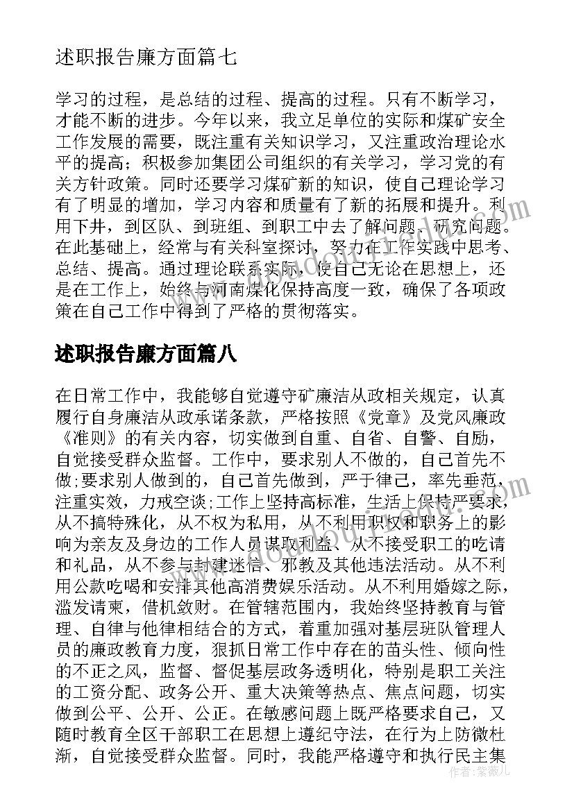 述职报告廉方面(大全9篇)