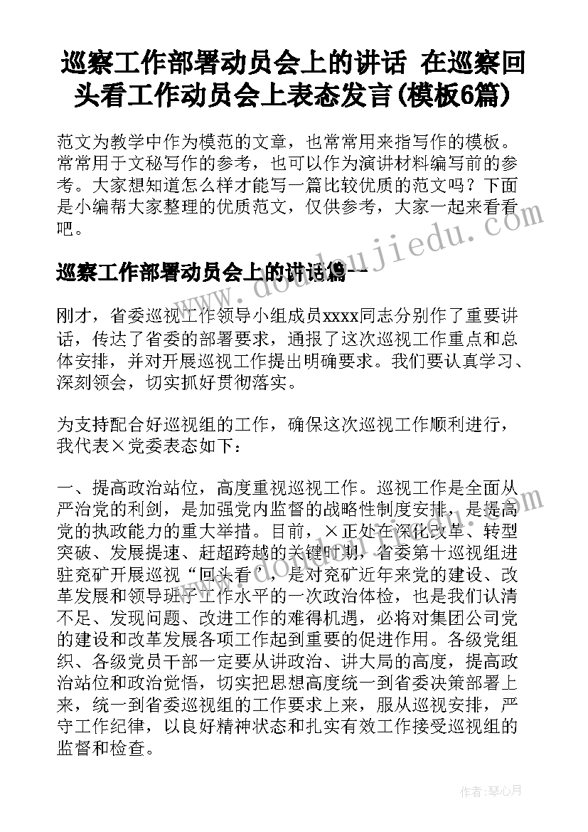 巡察工作部署动员会上的讲话 在巡察回头看工作动员会上表态发言(模板6篇)