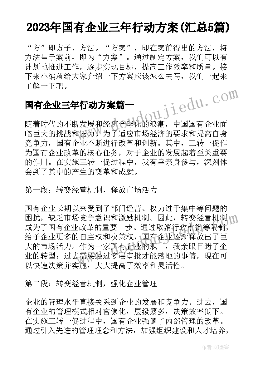 2023年国有企业三年行动方案(汇总5篇)