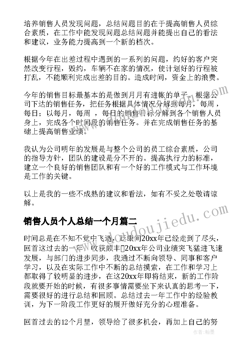 销售人员个人总结一个月 销售人员个人工作总结(模板5篇)