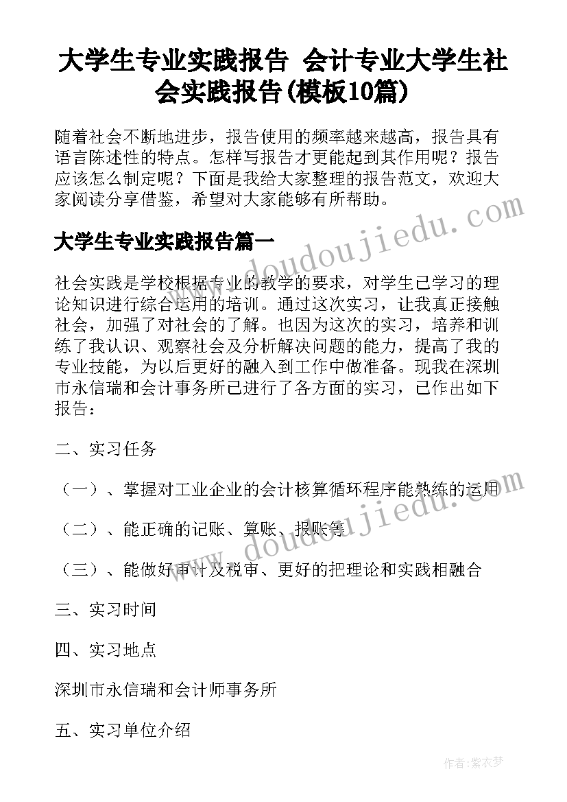 大学生专业实践报告 会计专业大学生社会实践报告(模板10篇)