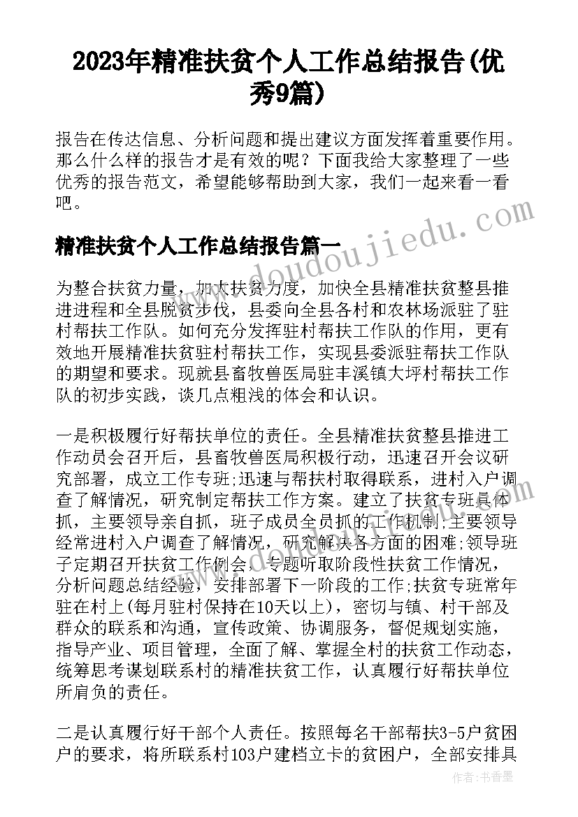 2023年精准扶贫个人工作总结报告(优秀9篇)