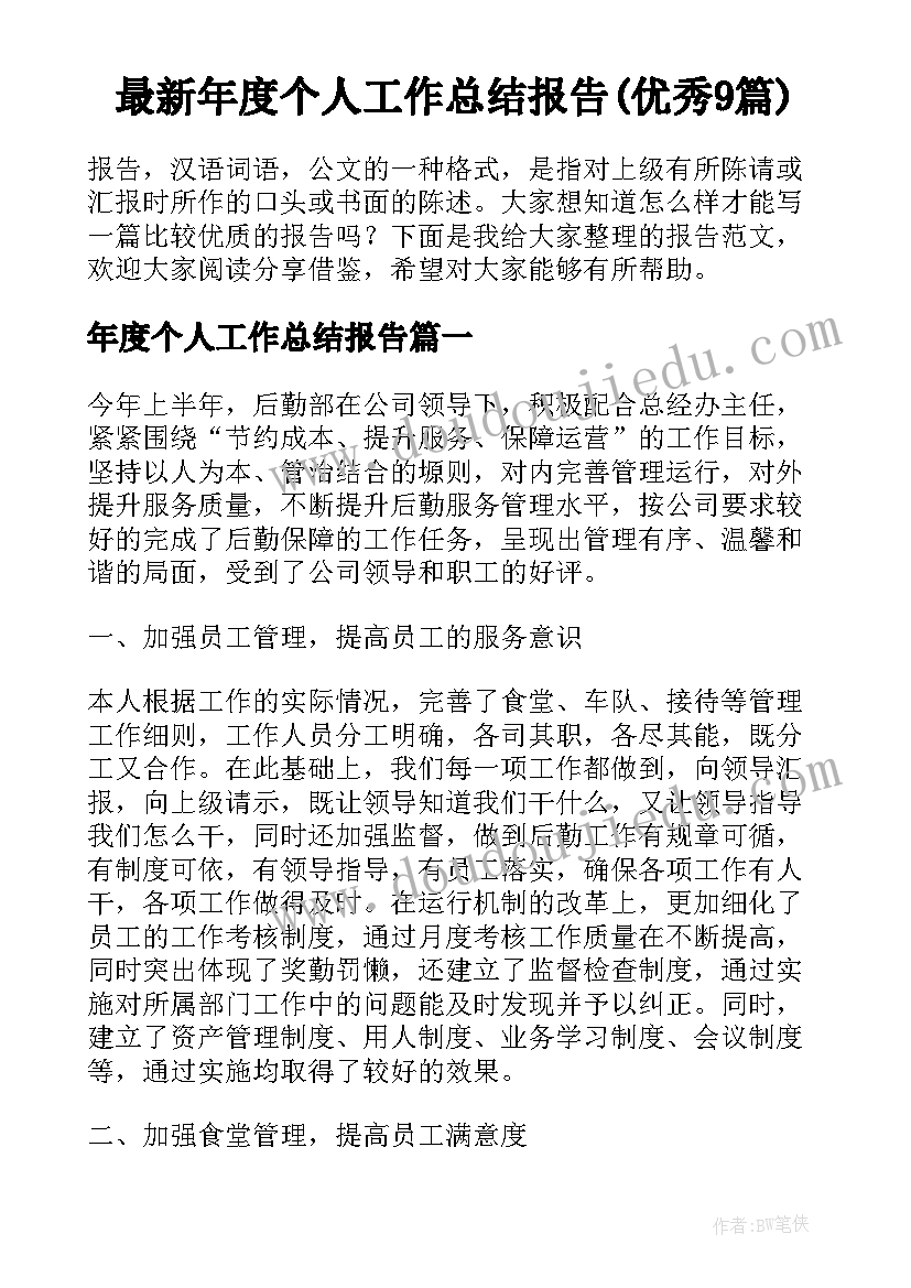 最新年度个人工作总结报告(优秀9篇)