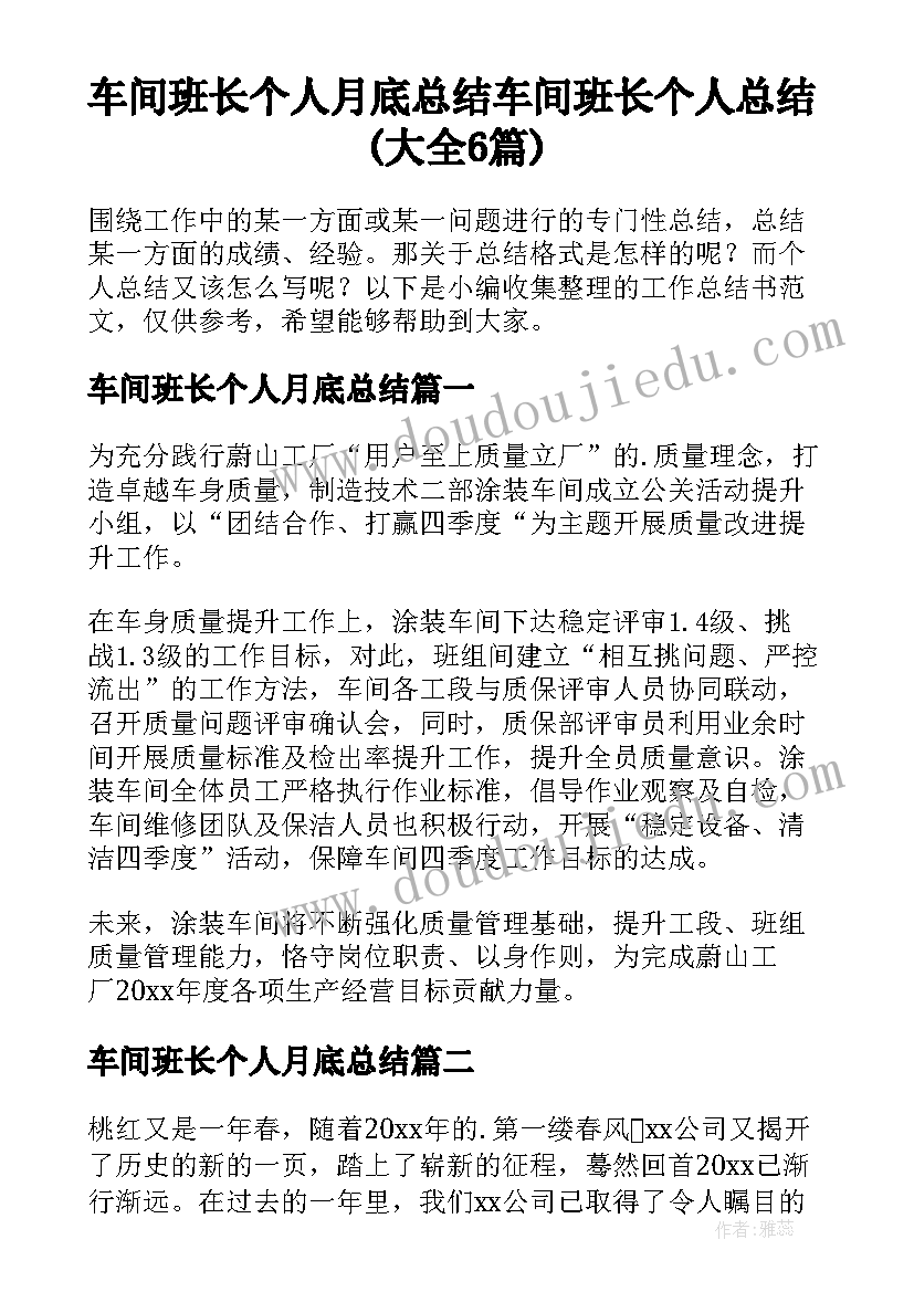 车间班长个人月底总结 车间班长个人总结(大全6篇)